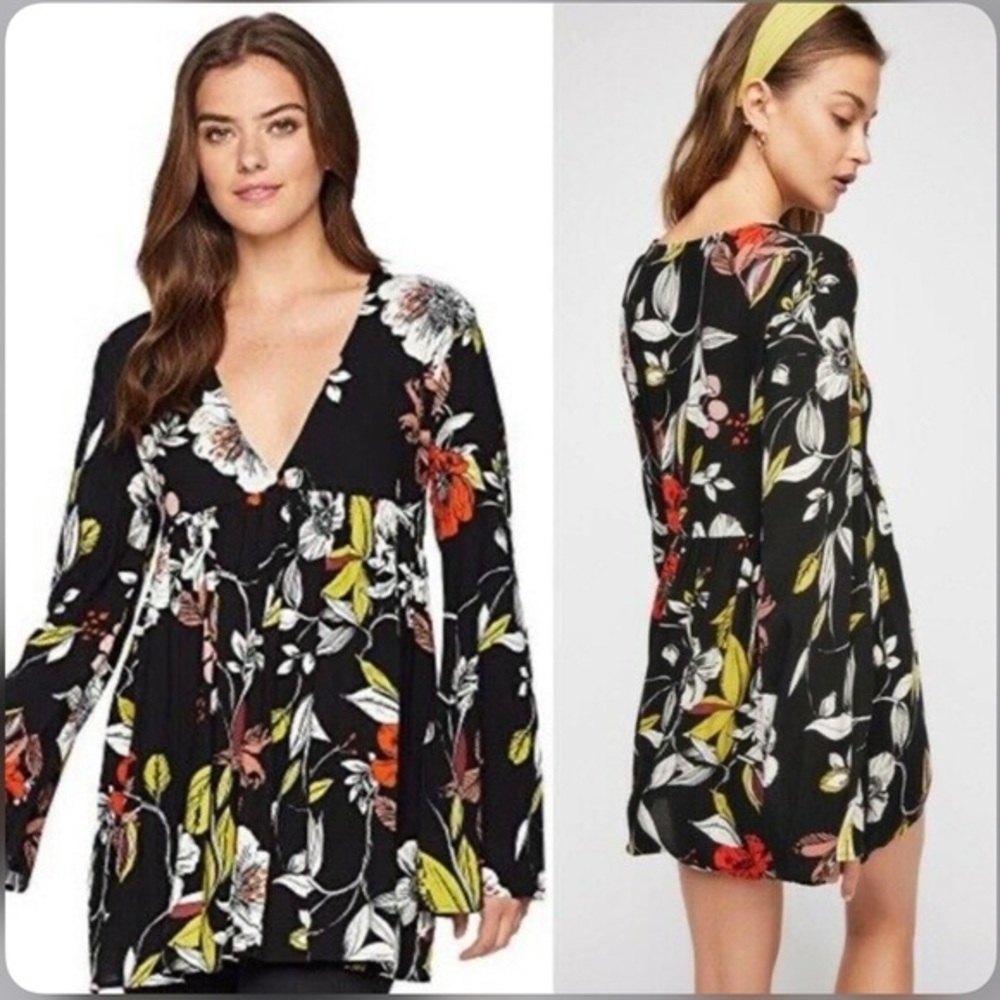 Free People Bella Floral Print V Neck Bell Sleeve Tunic Top Dress XS